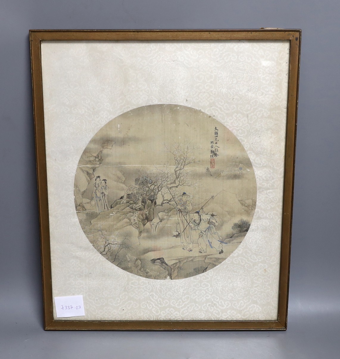 A 19th century Chinese painted silk circular rigid fan leaf, inscribed, 24.5cm diameter